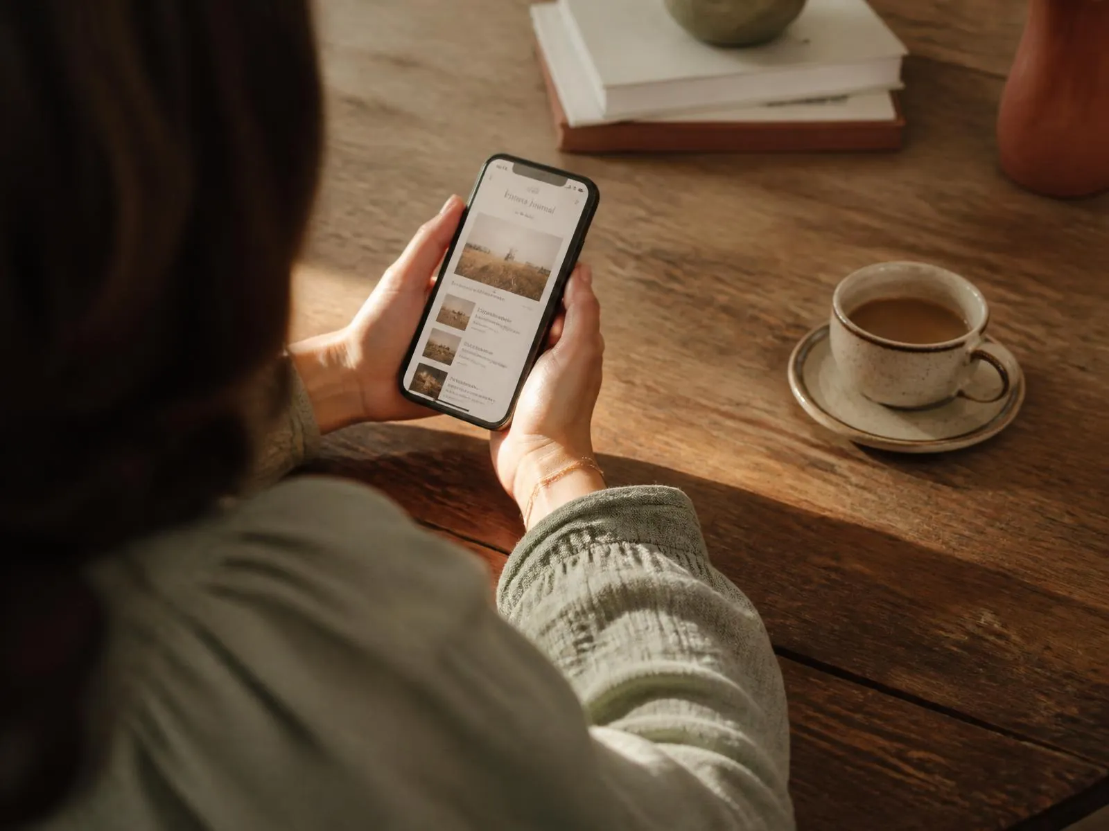 Iemand schrijft op een telefoon in warm ochtendlicht